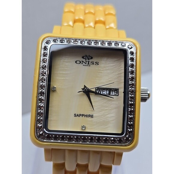 Oniss Paris Yellow Ceramic Day Date Sapphire Crystal Womens Watch New Battery main image 11